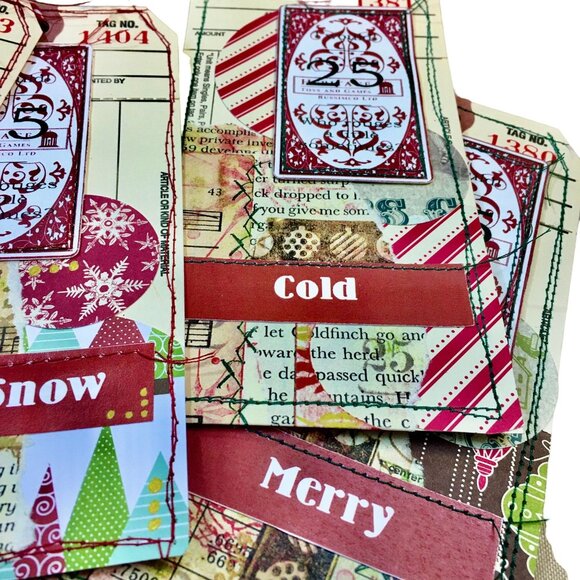 Christmas Junk Journal Tag Ephemera Lot 10 mq Handmade Sewn Scrapbook Embellishm - Picture 6 of 10